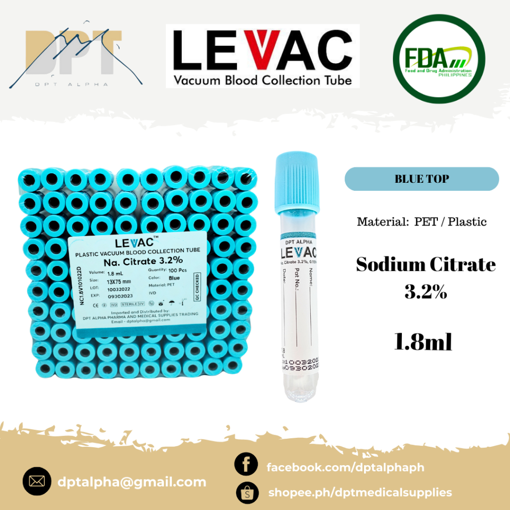 LEVAC Blue Top - Sodium Citrate 1.8ml - Plastic Vacuum Blood Collection ...