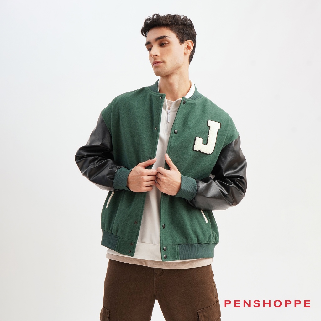 Penshoppe Unisex Varsity Jacket With J Patch (Dark Green) | Shopee ...