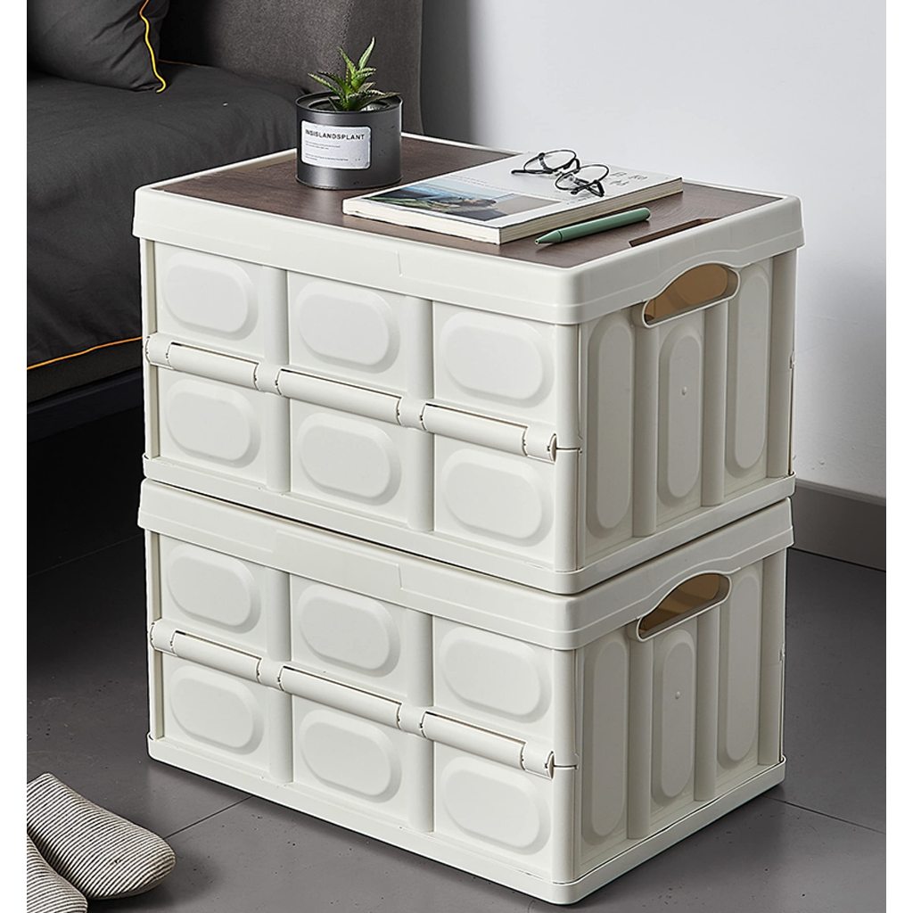Spacious Folding Storage Box Plastic Box with Removeable Wooden Lid ...
