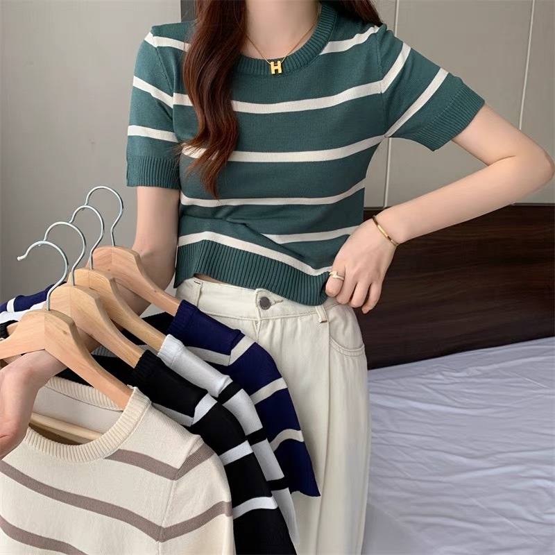 Jolly Chic Simple Stripe Knitted Crop Top M1155 | Shopee Philippines