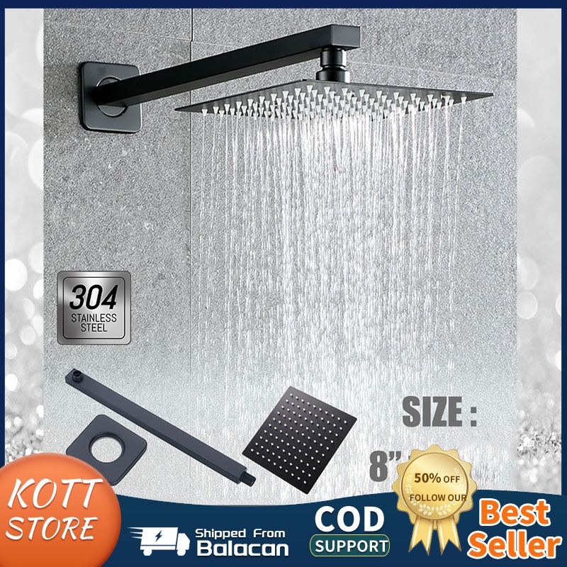 8 INCH 304 STAINLESS STEEL RAIN FALL SHOWER HEAD WITH ARM SQUARE WALL ...