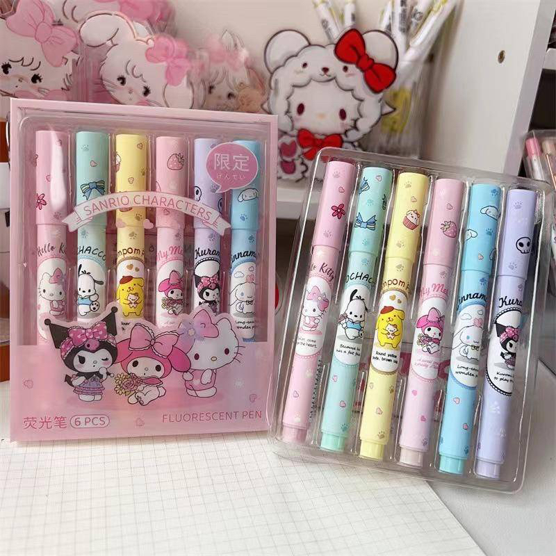 New 6Pcs/Pack Sanrio Highlighters mymelody Kuromi Cinnamoroll Pom Pom ...