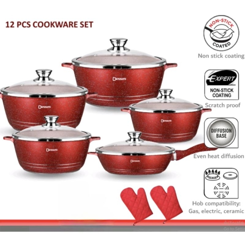 12PIECE DESSINI GRANITE ALUMINUM NON STICK FRY POT NON STICK PAN SET