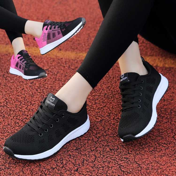 Black Plain Sport Running Women Flat Shoe Summer Lace Up Breathable Shoes  Lightweight Lady Sneakers