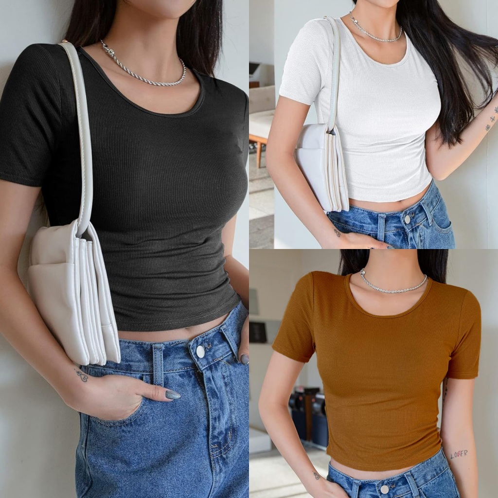 KILY.PH Knitted Tops Semi Crop Top Round Neck Shirt Stretchable Plain ...