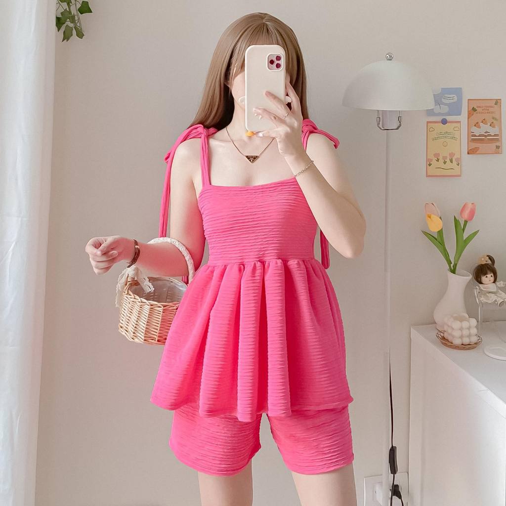 ZLO2 Terno Sets Self Tie Strap Peplum Top and Shorts Crepe Shopee Philippines