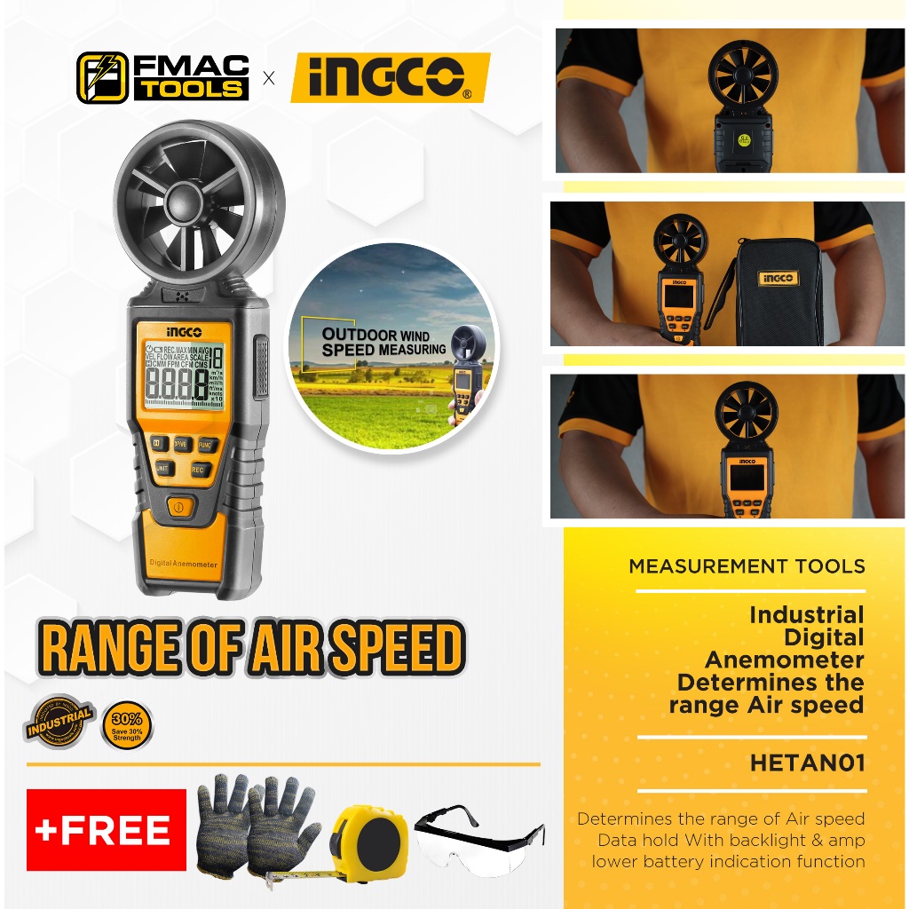 INGCO Industrial Digital Anemometer Determines the range of Air speed