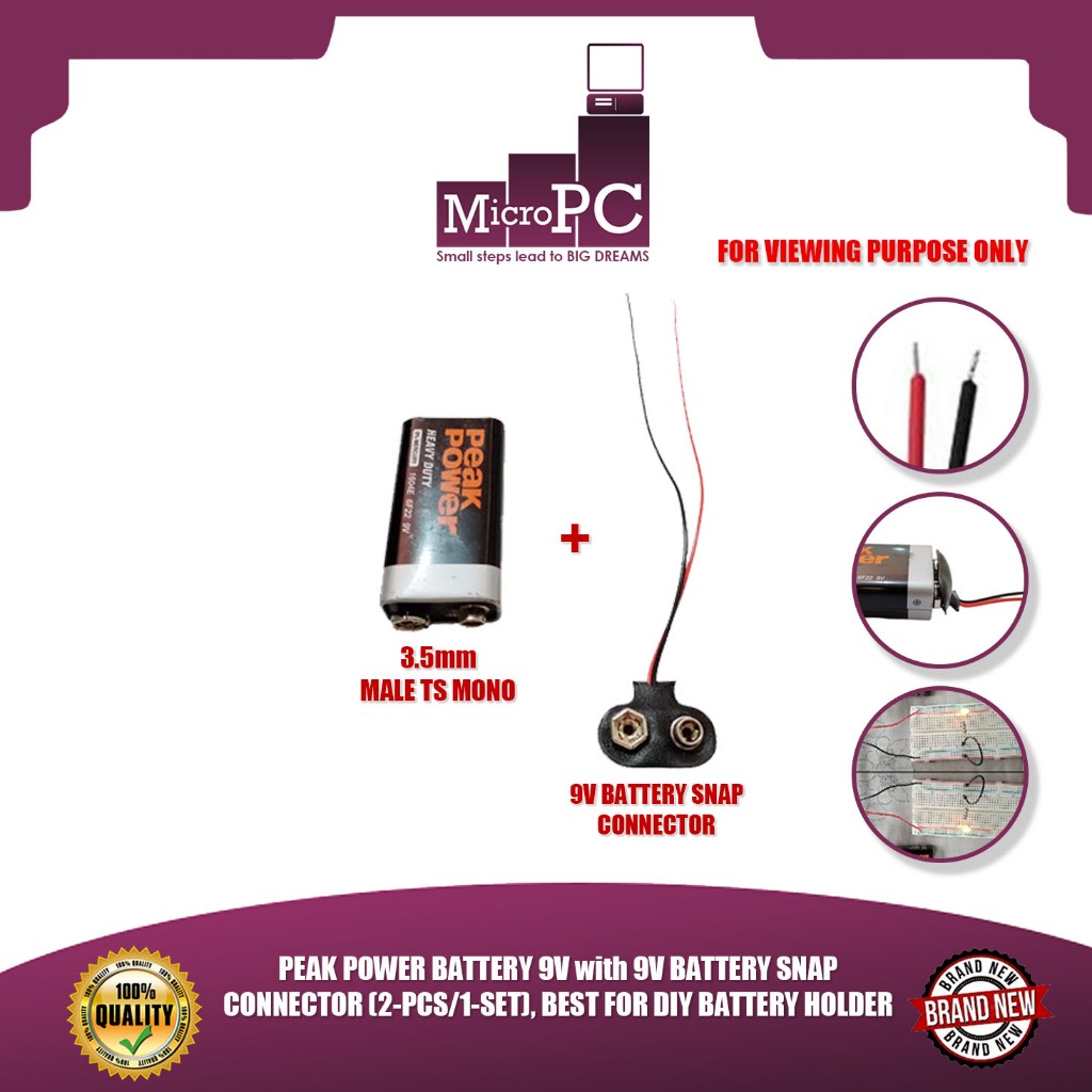 MICRO PC PEAK POWER BATTERY 9V with 9V BATTERY SNAP CONNECTOR (2-PCS/1 ...