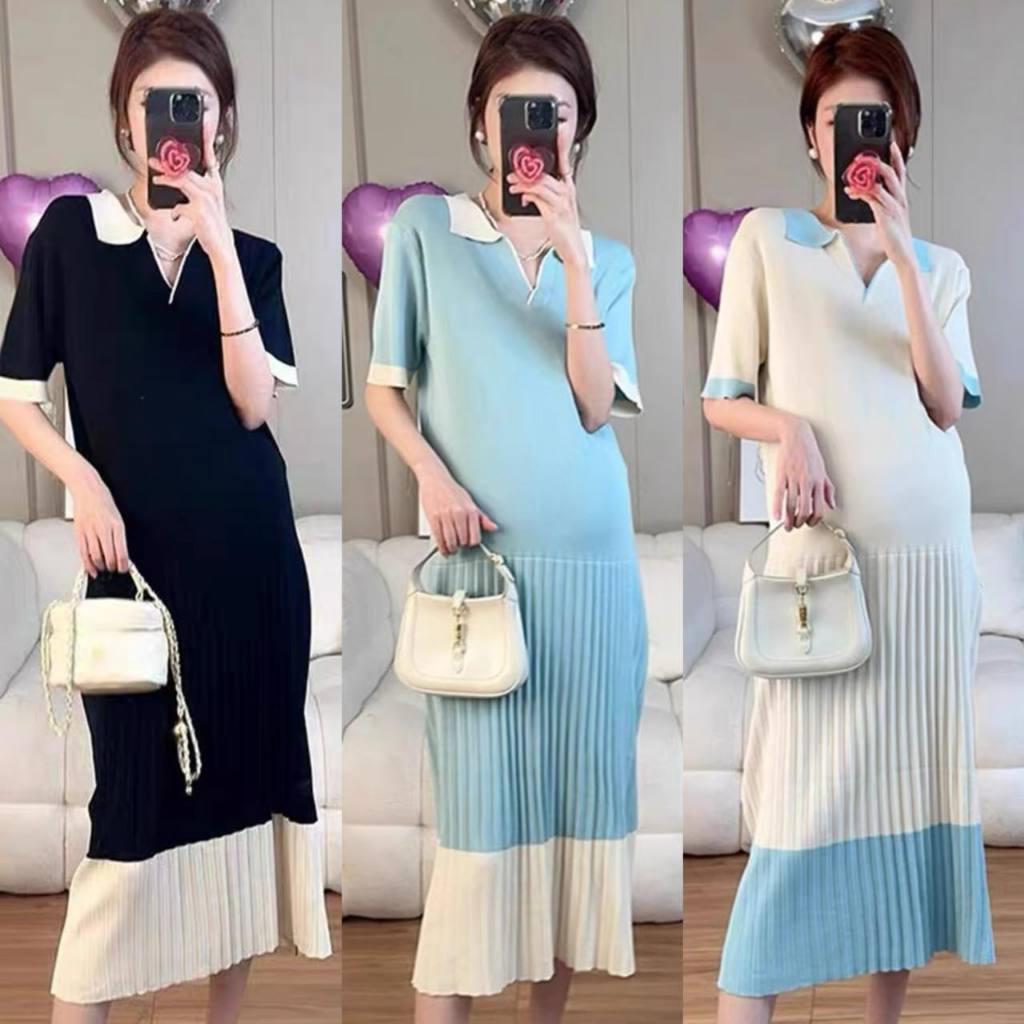 665 Melody Fashion Two Tone Polo Neck Pleated Oversize Knitted Dress Shopee Philippines