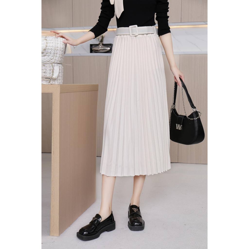 New arrivasl Ladie's causal All match slim fit plain pleated midi waist ...