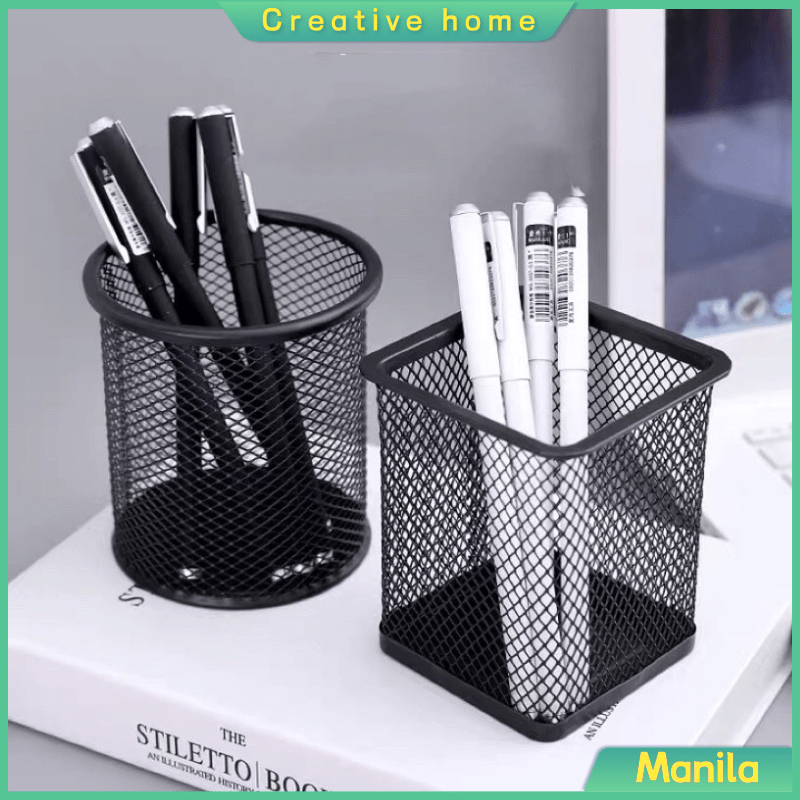 Round/Square Office Pen Container Pen Holder Black Metal Mesh Students ...