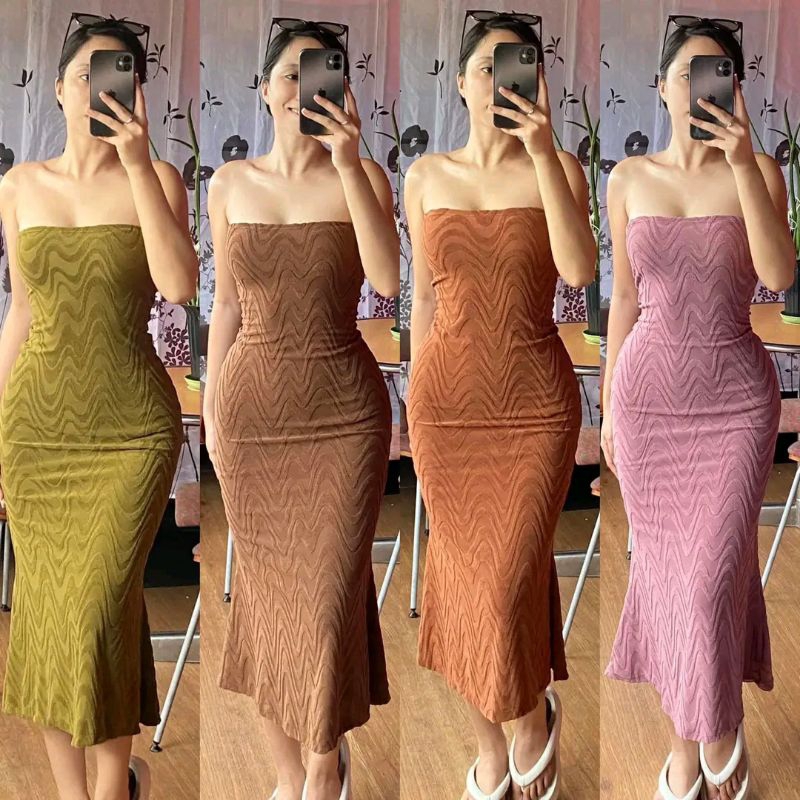 Sana Tube Dress Wave Embossed Fabric Bodycon Dress Fitted Tube Embossed