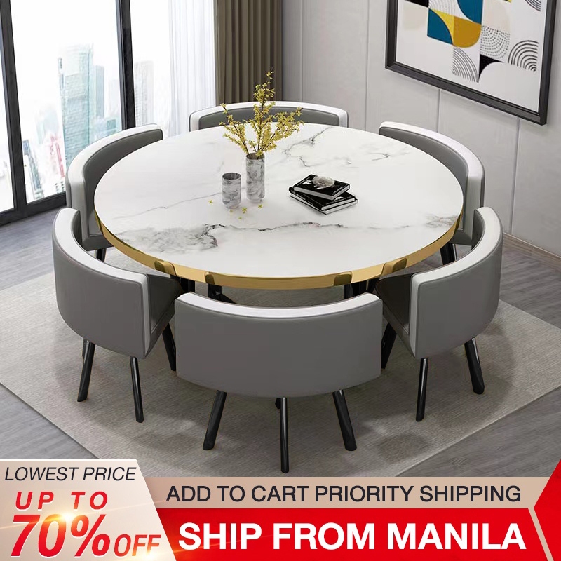 BAIERDI 120CM+six stool dining table set table family dining table ...