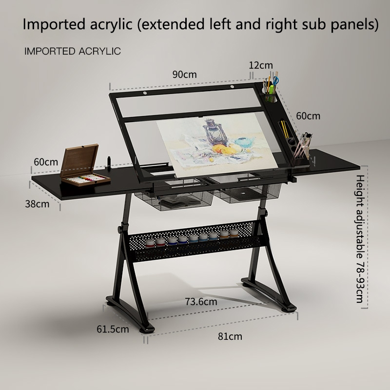 Glass Drawing TableHeight Adjustable Drawing Table with Drawer Stool