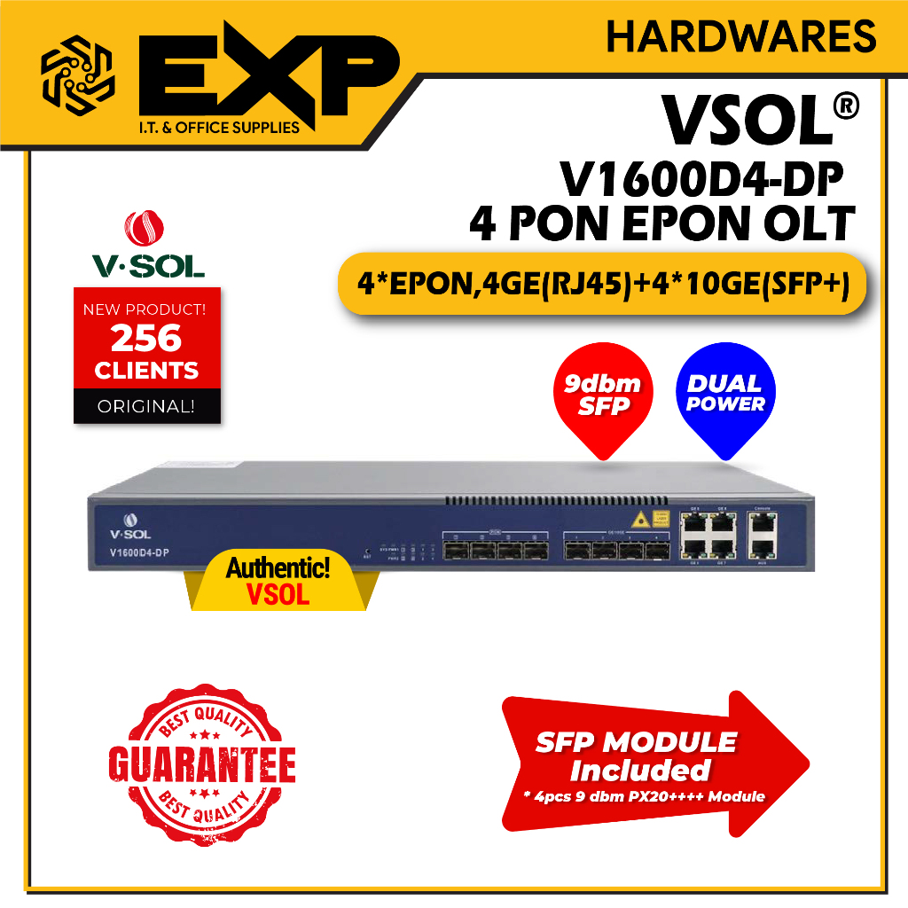 VSOL V1600D4-DP 4 PON EPON | DUAL POWER | OLT W/ 9dbm SFP Module - 10G ...