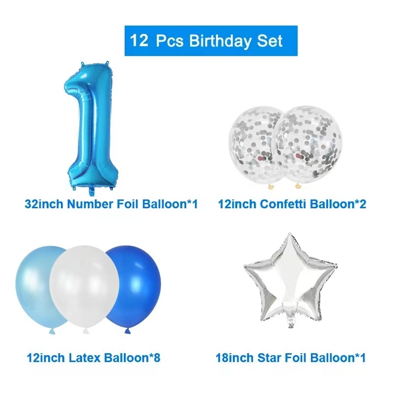 12Pcs/set Blue Number Foil Latex Balloons for 1st One Year Birthday Boy ...