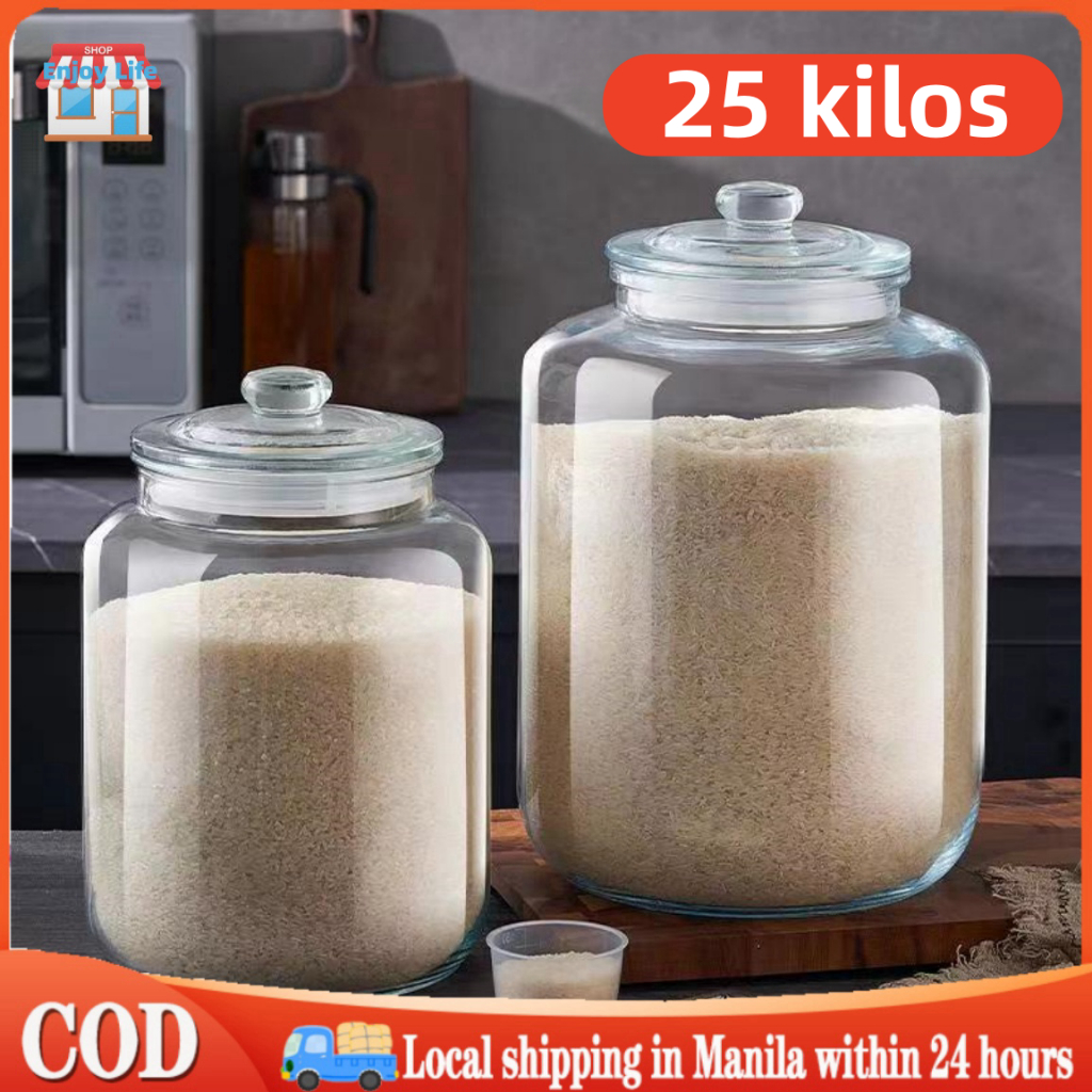 Glass rice dispenser 10 kg 8.5kg/13.5kg/25 kilos big glass jar with lid ...