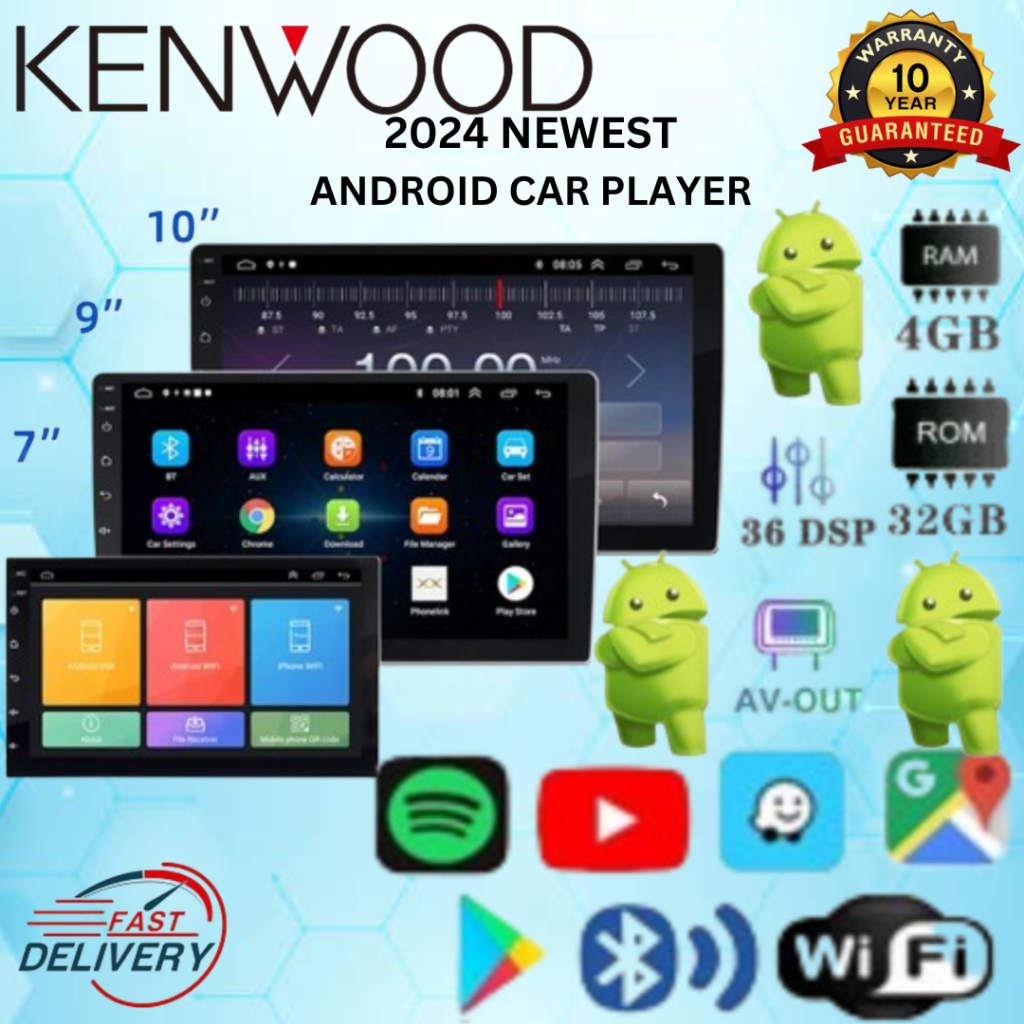 {2024 Ready Stock} Kenwood Car Stereo Android Player [4GB RAM+32GB ROM] 7"9"10"Inche Car