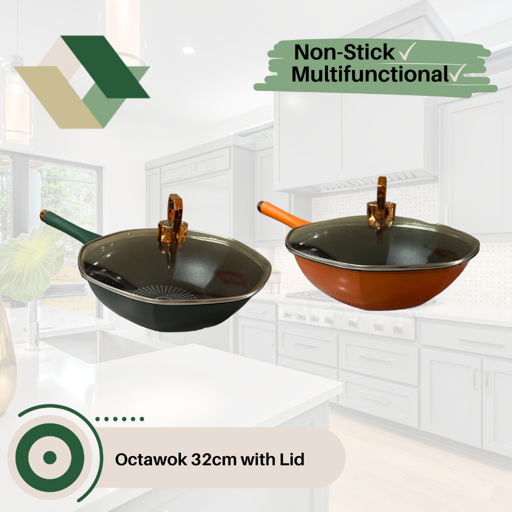 QHIT Octawok With Lid 32cm Octagonal Nonstick Wok Green and Orange ...