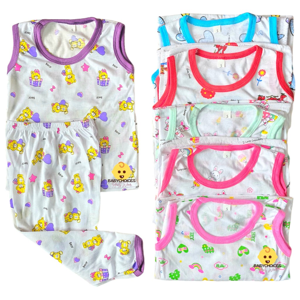 6pcs/3pair Terno Sando & Pajama Set For Girl Printed Cotton Sleepwear 0 ...