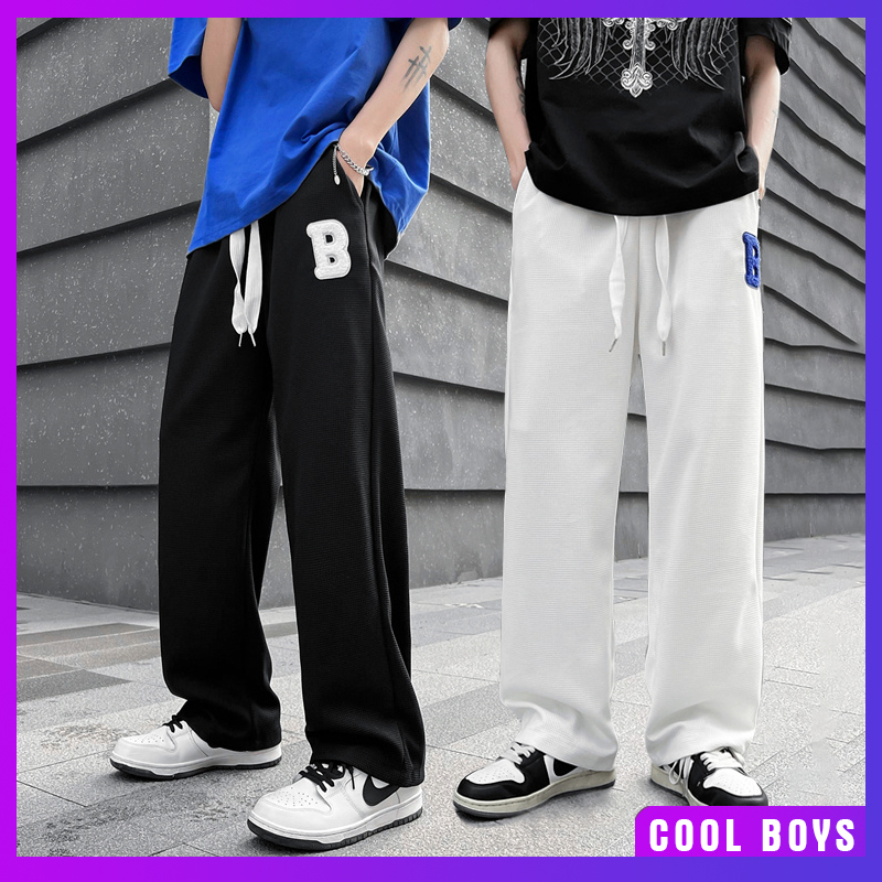 Slocks B Pants Loose Straight Cut Waffle Korean Aesthetic Wide Leg Baggy Sweat Pants For Men 8792