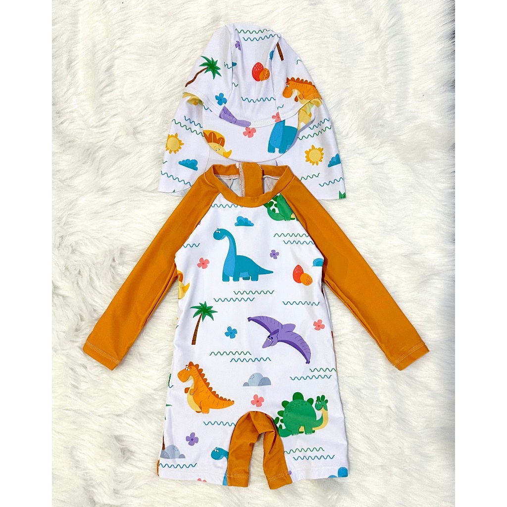 Babyhug Full  Sleeves Water Repellent Legged Swimsuit with Dino Print - Yellow
