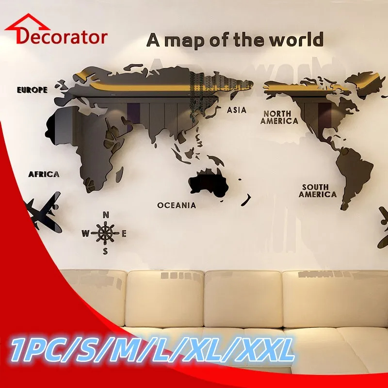 Acrylic 3D Map Of World Smooth Solid Crystal Wall Sticker Home Office ...