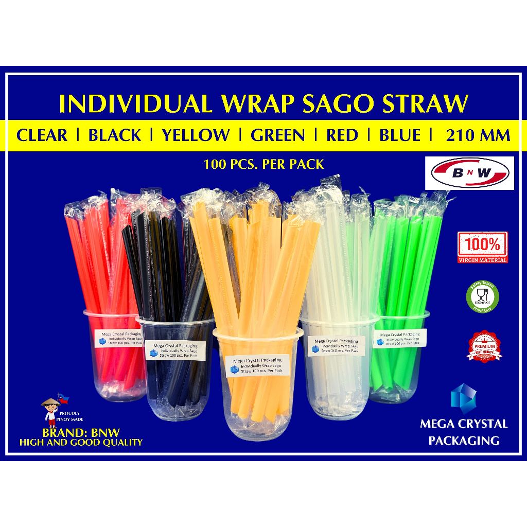 [ 100 Pcs ] Individually Wrap Black / Colored Boba / Sago Straw Pointed ...
