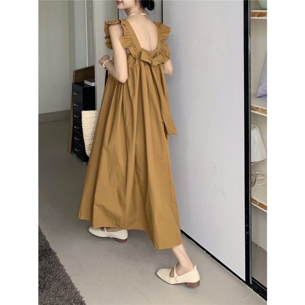 Y860 Melody Fashion Ruffle Sleeve Bowknot Back Shirred Square Neck Loose Dress Shopee Philippines