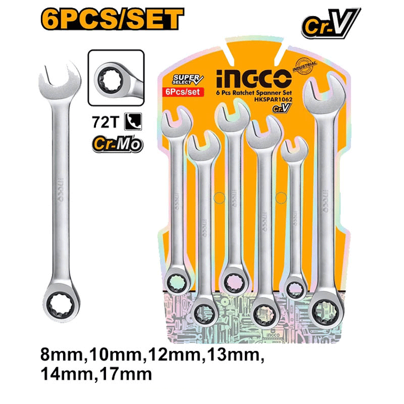 INGCO 6PCS/SET 8-17MM Ratchet Spanner Fine Polish Industrial Ratchet ...