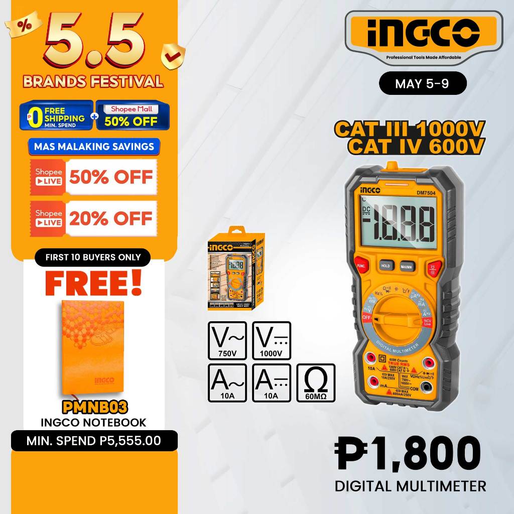 INGCO Digital Multimeter Tester 6000 Counts AC/DC Voltage Current ...