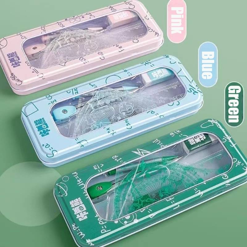 8Pcs Ruler Set Geometry Compasses/Metal Box/Triangle Ruler/Protractor ...