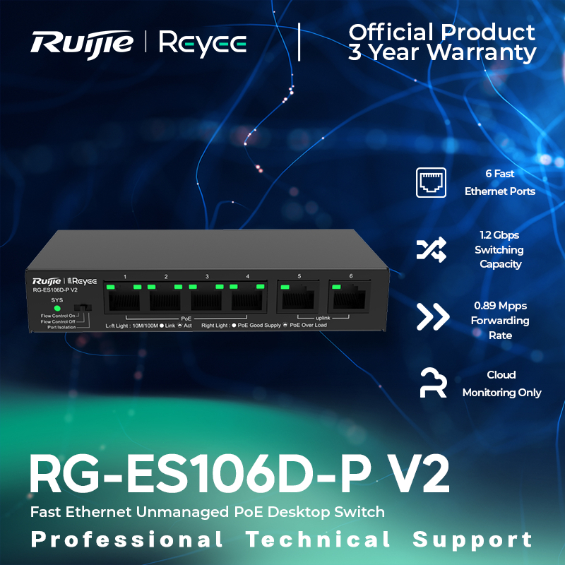 Ruijie-Reyee RG-ES106D-P V2, 6-port 10/100Mbps Desktop Unmanaged Switch ...