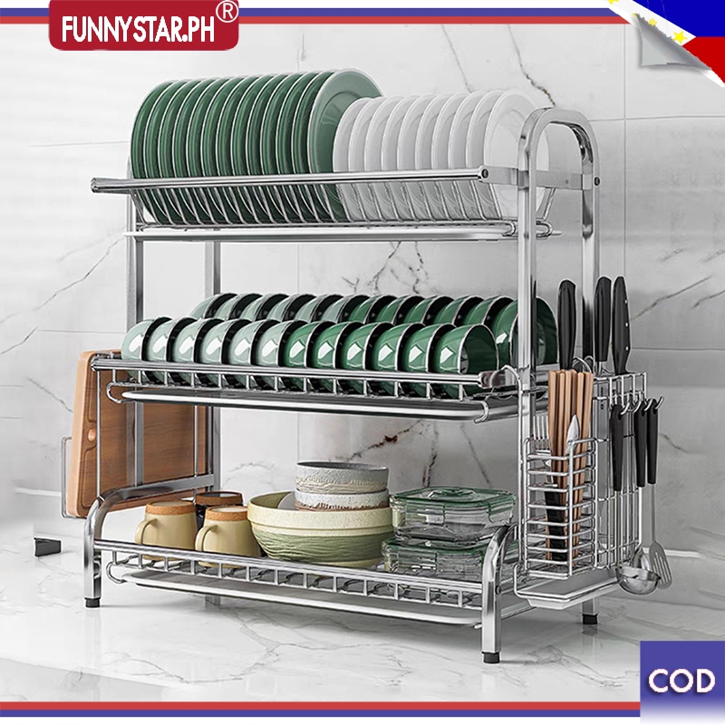 COD️ 2/3 Tiers Stainless Steel Dish Drying Rack Kitchen Rack Plate Dish ...