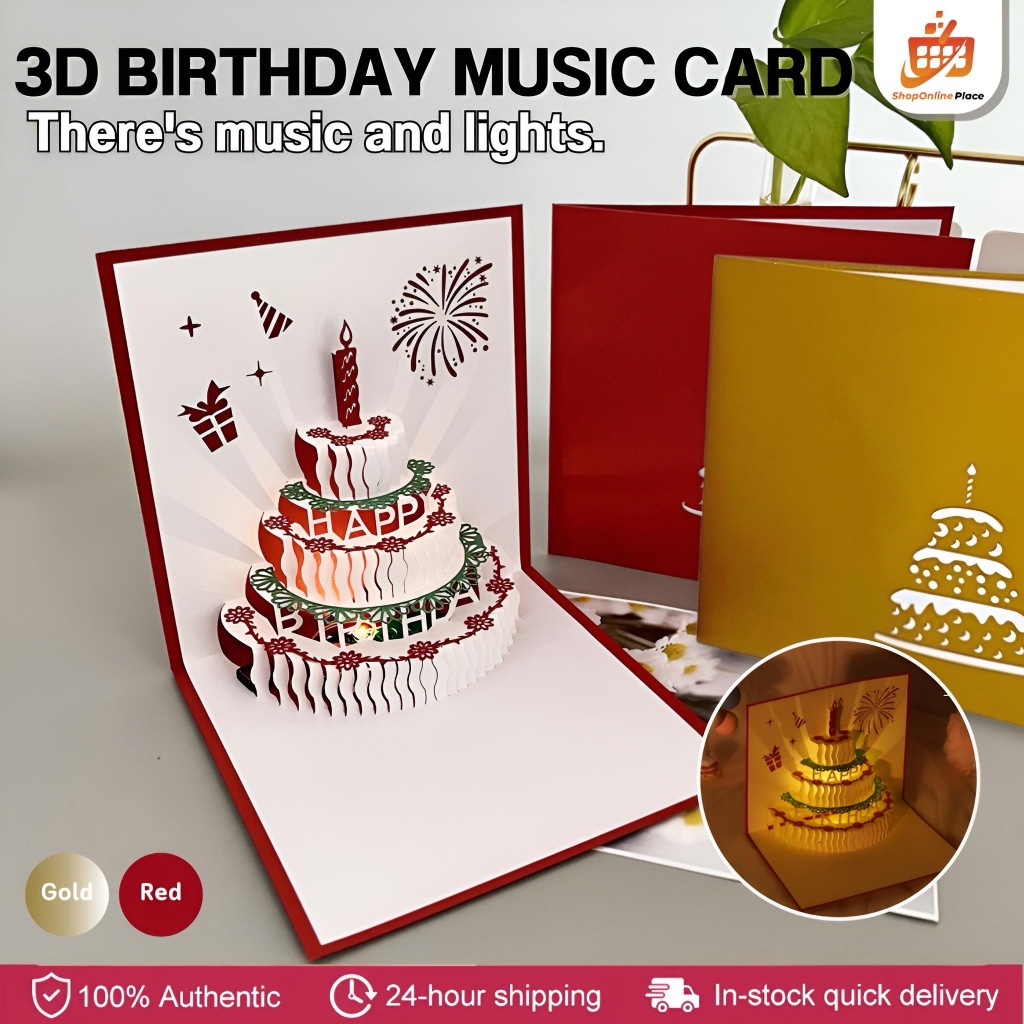 Music Birthday Card Pop Up 3D Cake Musical Light Greeting Card Creative ...