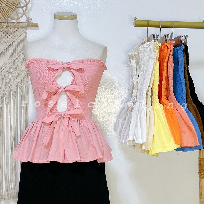 Aiah Smocked Tie Front Ribbon Shirred Tube Linen Top | Shopee Philippines