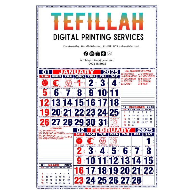 2025 Commercial Calendar w/Moon Phase, w/High & Low Tides, w/Tax Reminders, w/Chinese Dates
