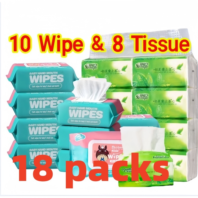18PCS baby wipes and tissue Combo Unscented baby wipes 10 packs 80 ...