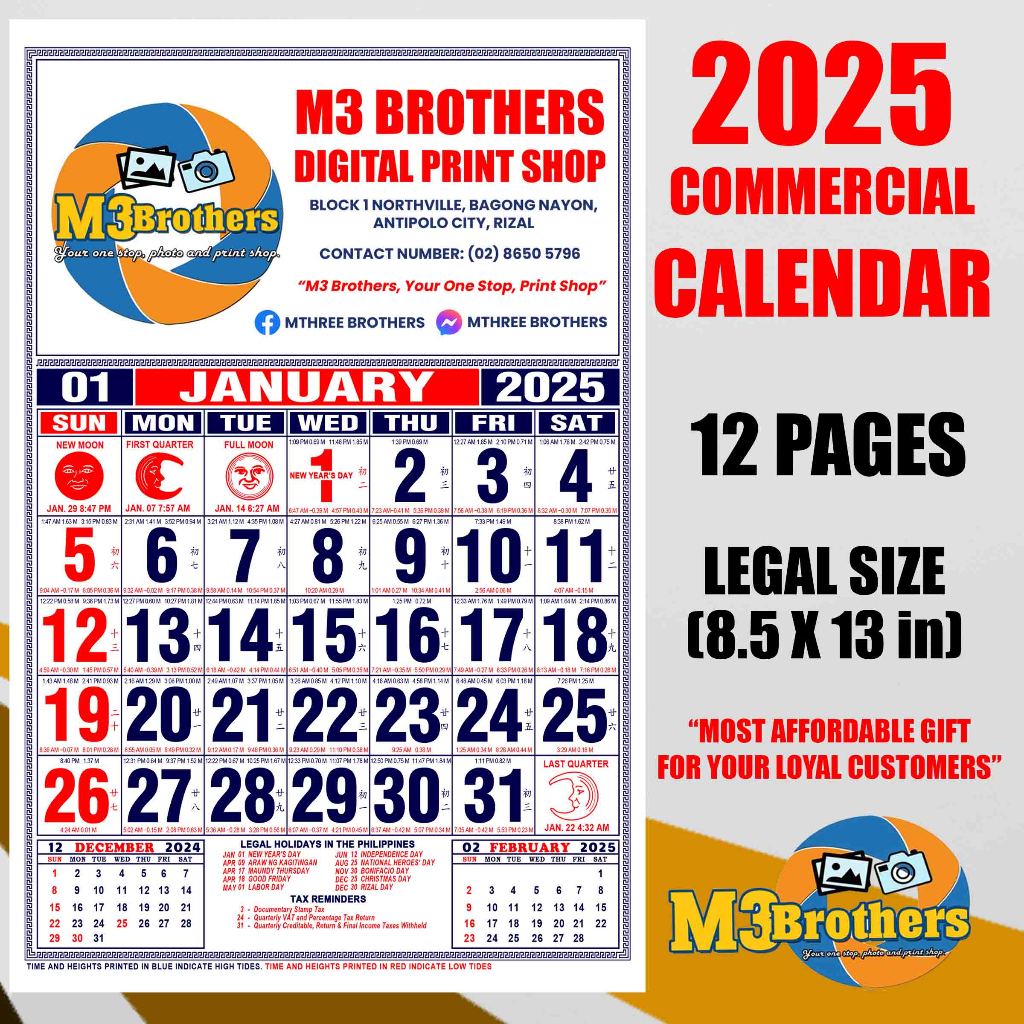 2025 COMMERCIAL CALENDAR (FOR BULK ORDER) with HIGH TIDES AND LOW TIDES