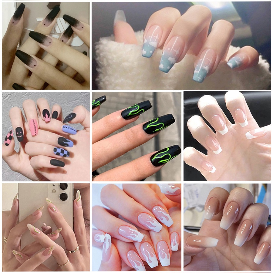 [Without BOX] 2023 24Pcs Fake Nails With Glue Matte Nail Sticker Long
