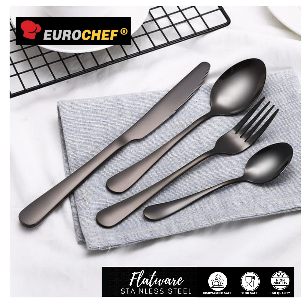 Eurochef Heavy Duty Black Dinner Spoon Fork Knife Teaspoon High Quality ...