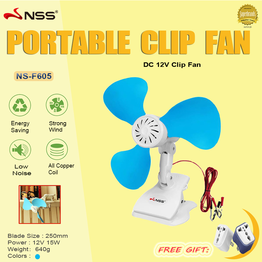 NSS Portable Clip 3 Blades Fan 12V 15W Low Noise Rechargeable Desk Mini ...