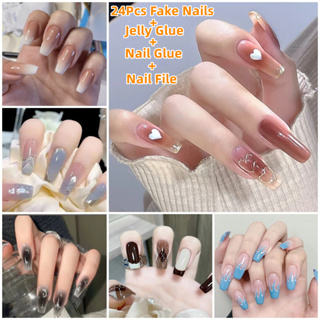 Rose Gold Nail Art Nude French Press On Nails Glue On Gel False Fake Nail  Set