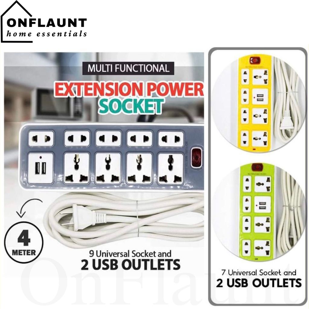 OnFlaunt Power Extension With 7 or 9 Universal Socket and 2 USB Outlet