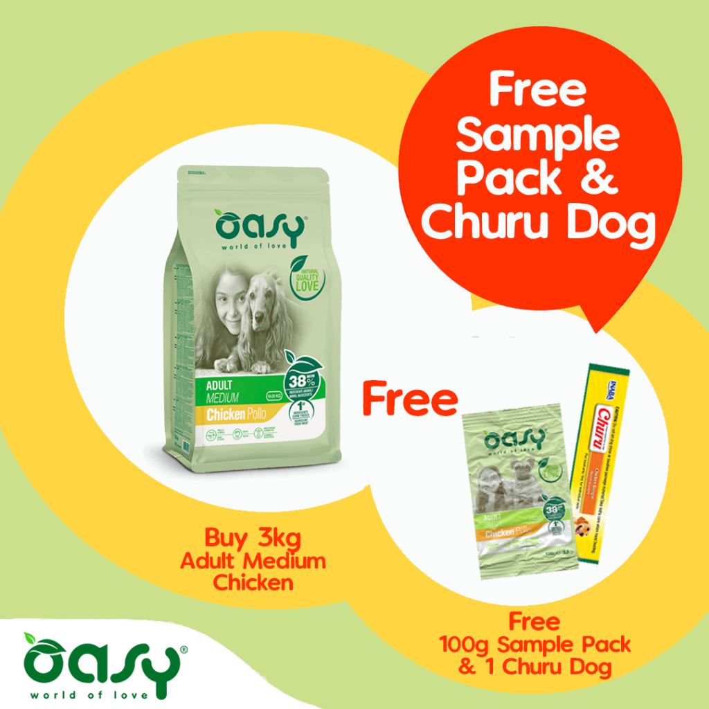 Oasy Adult Medium Chicken 3kg with FREE 100g Sample Pack & 1 Churu Dog |  Shopee Philippines