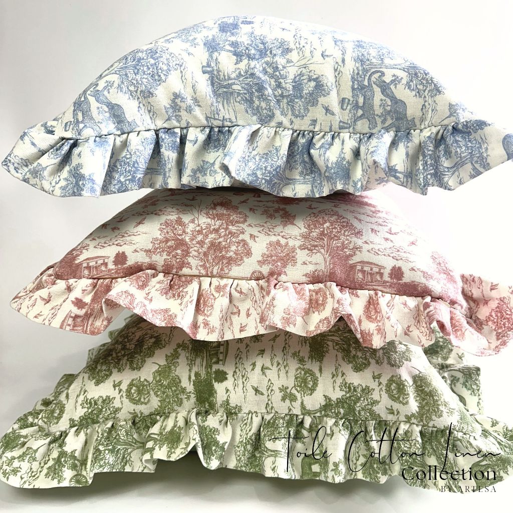 Artesa Laura Toile De Jouy 100 Cotton Linen With Ruffles Throw Pillow Cover Shopee Philippines 