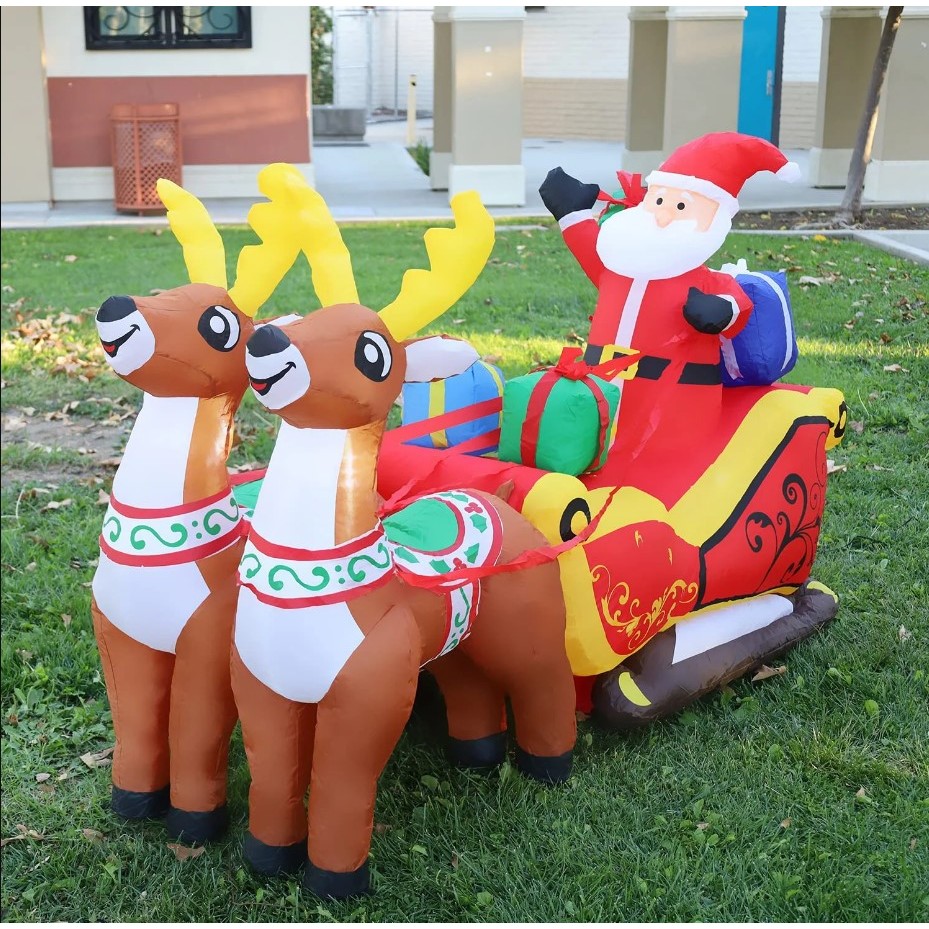 7FT Christmas Inflatable Santa Reindeer Sleigh with Builtin LED Lights