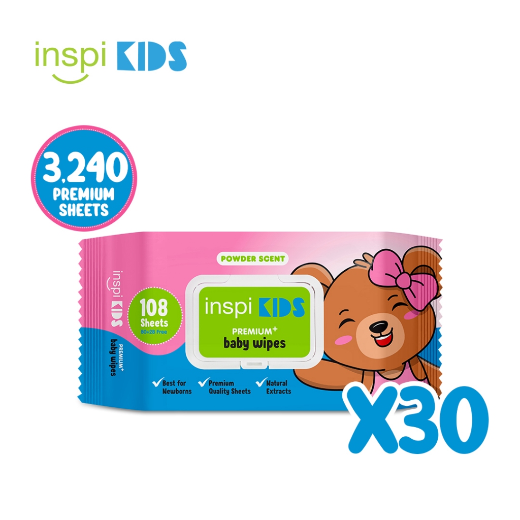 INSPI Kids Premium Baby Wipes Powder Scent 3240 Tender Sheets 30 Packs