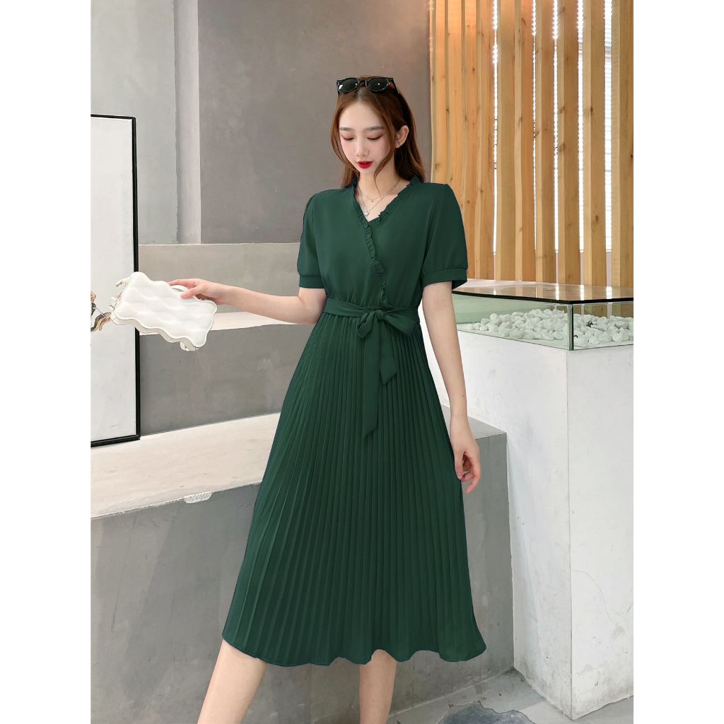 Miss Lucky Bangkok Plain V/Neck Pleated Belted Elegant Casual & Formal Midi Dress For Women 1606 ...