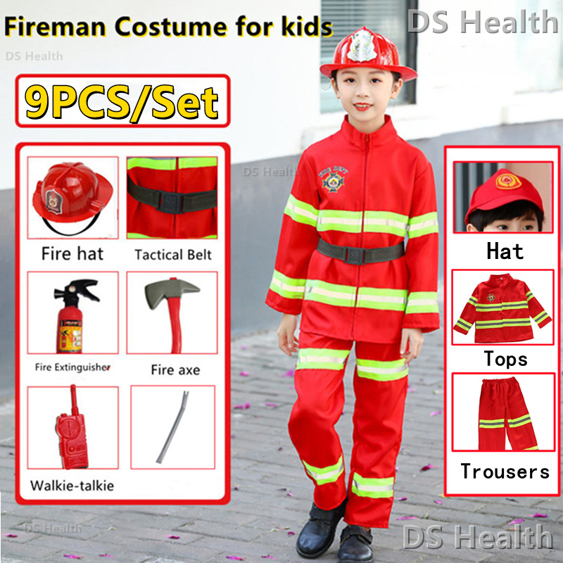 9Pcs Fireman Costume Uniform Kid Sam Firefighters Costume Carrier ...